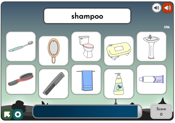 Améliorez votre anglais avec ce jeu de vocabulaire sur les objets de la salle de bain. Ecoutez et Cliquez sur la bonne image dans le temps imparti. Parviendrez-vous à vous glisser dans le tableau des scores ?